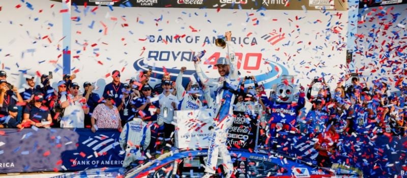 Kyle Larson celebrates after winning Sunday's Bank of America ROVAL™ 400 at Charlotte Motor Speedway. The win was Larson's sixth of the NASCAR Cup Series season and the 29th of his career.